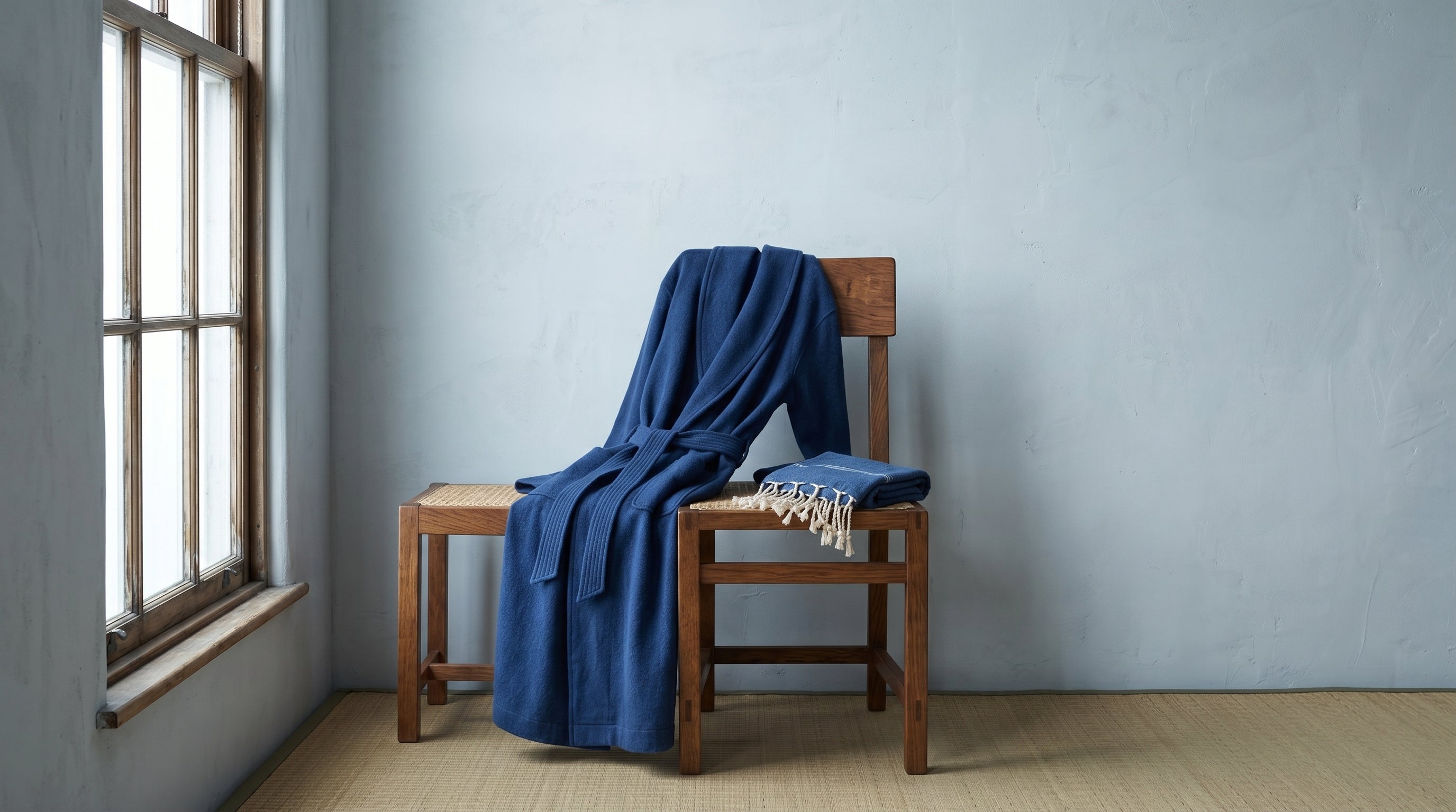 Kaschmir Hotelmantel Stille, Kaschmir-Merino-Mischung, Hotelschnitt, indigo, lifestyle