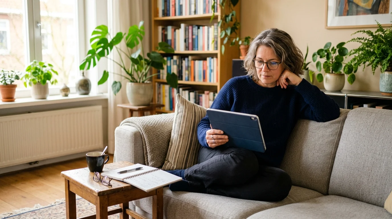 Vrouw vergelijkt thuis rustig haar opties op een tablet