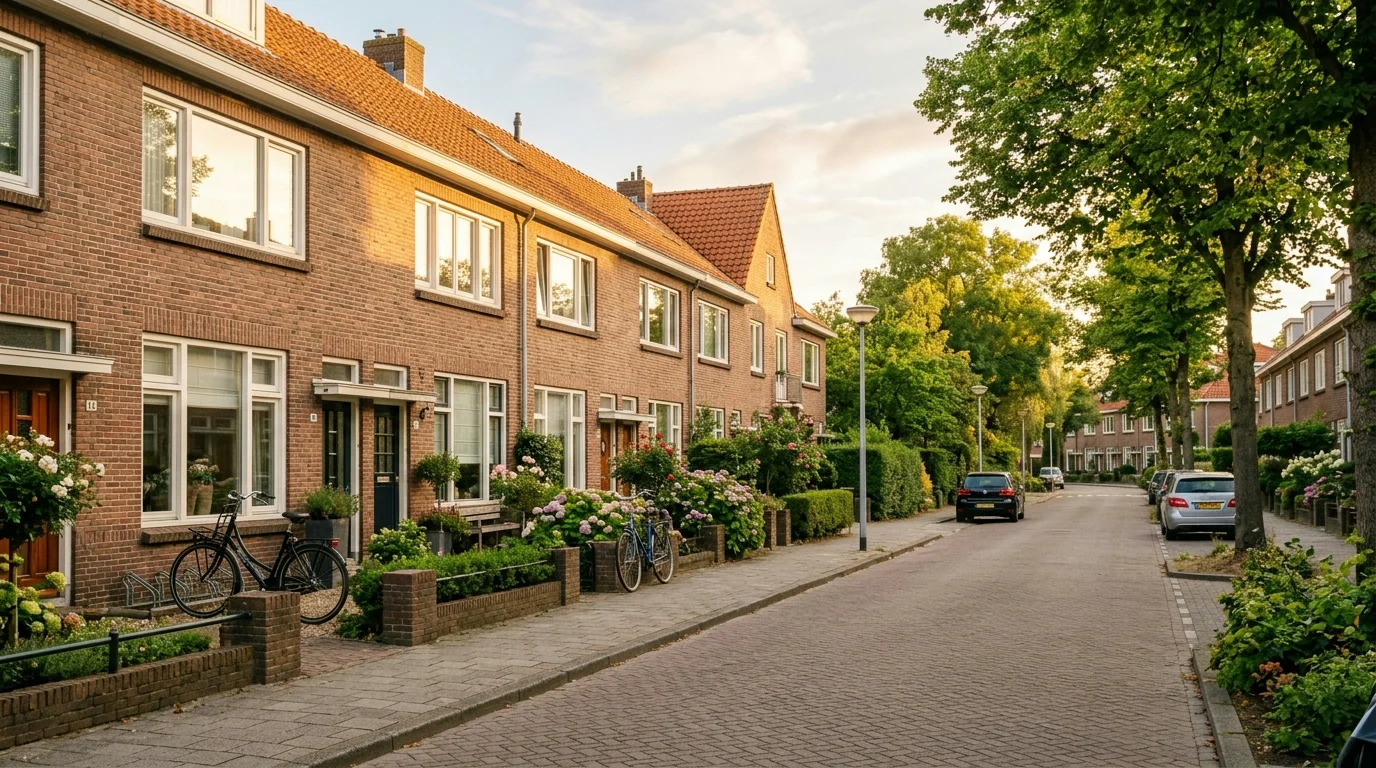 Nederlandse woonstraat met rijtjeshuizen in de avondzon
